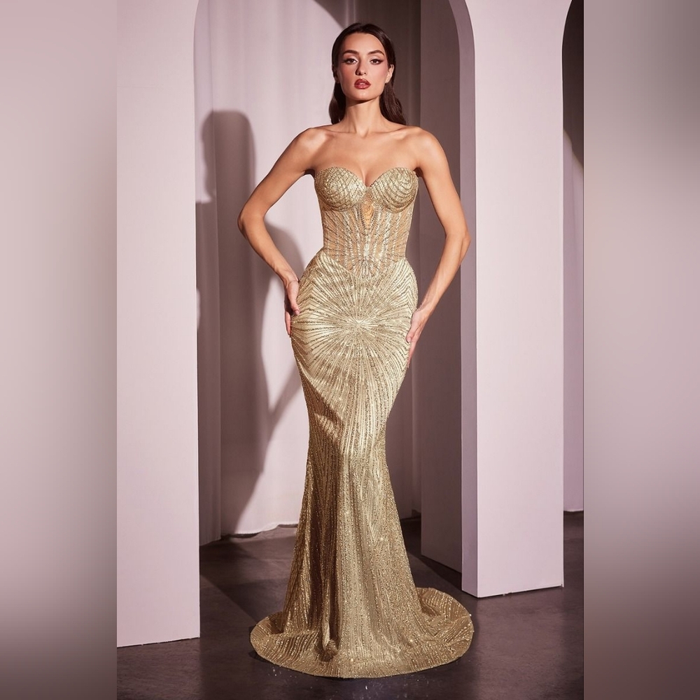 Strapless Gold Embellished Gown By Ladivine J871